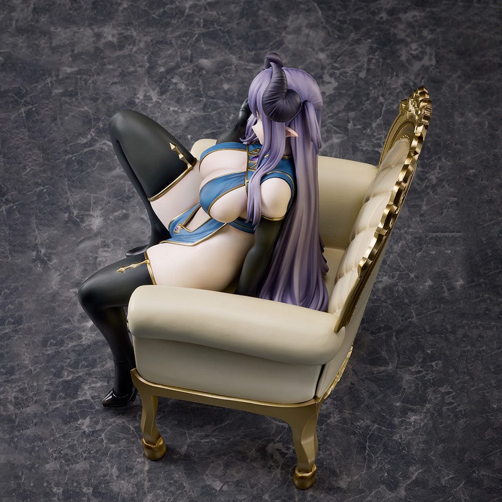 Oekakizuki Illustration Vio 1/6 Scale Figure seated on an ornate throne, wearing a blue and black outfit with black horns and lavender hair.