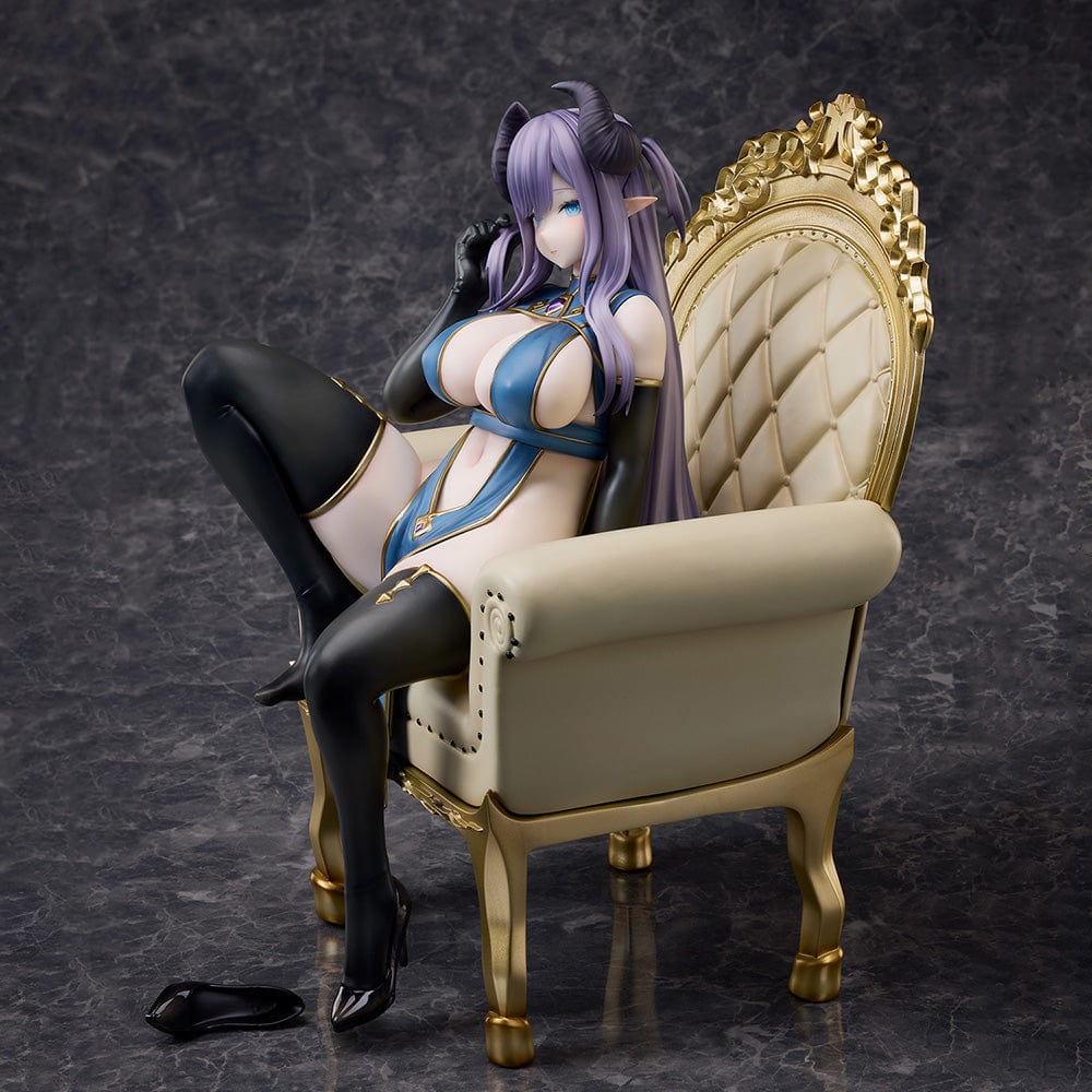 Oekakizuki Illustration Vio 1/6 Scale Figure seated on an ornate throne, wearing a blue and black outfit with black horns and lavender hair.