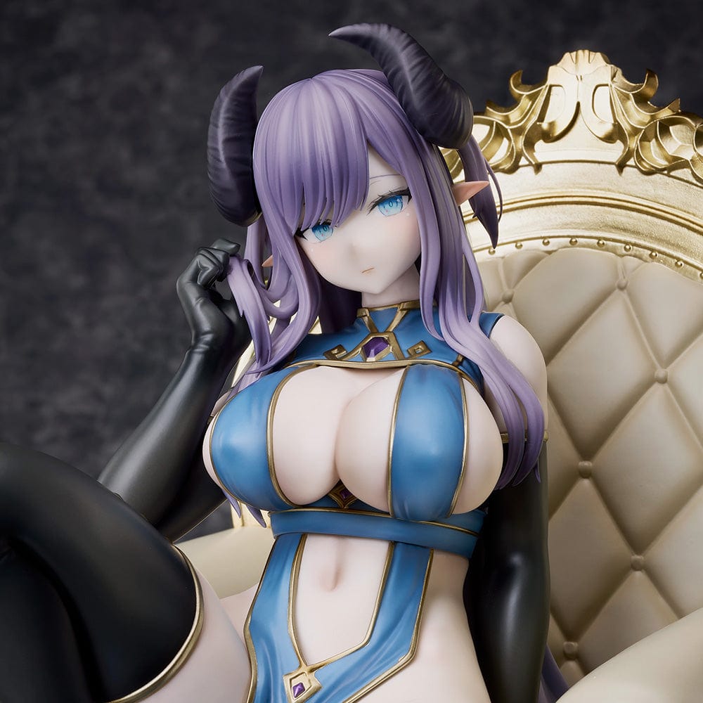 Oekakizuki Illustration Vio 1/6 Scale Figure seated on an ornate throne, wearing a blue and black outfit with black horns and lavender hair.