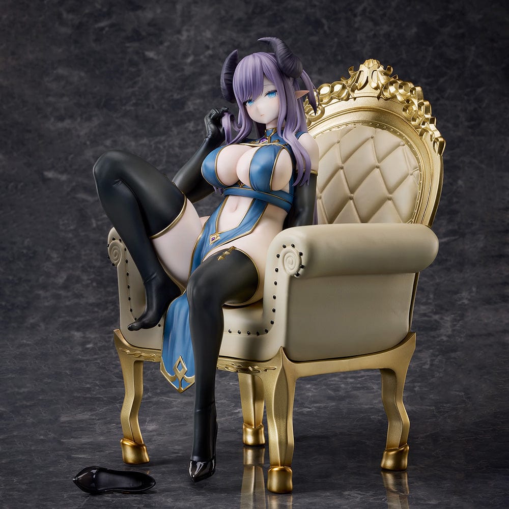 Oekakizuki Illustration Vio 1/6 Scale Figure seated on an ornate throne, wearing a blue and black outfit with black horns and lavender hair.