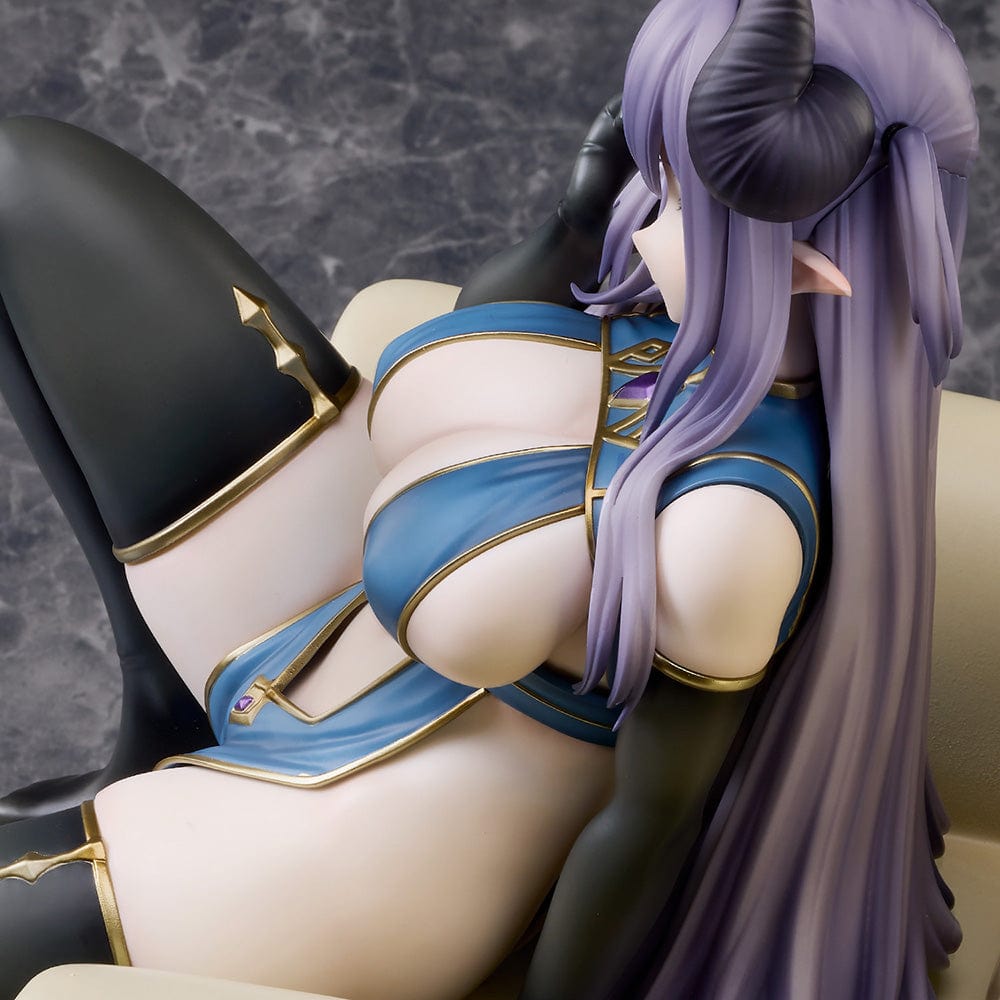 Oekakizuki Illustration Vio 1/6 Scale Figure seated on an ornate throne, wearing a blue and black outfit with black horns and lavender hair.