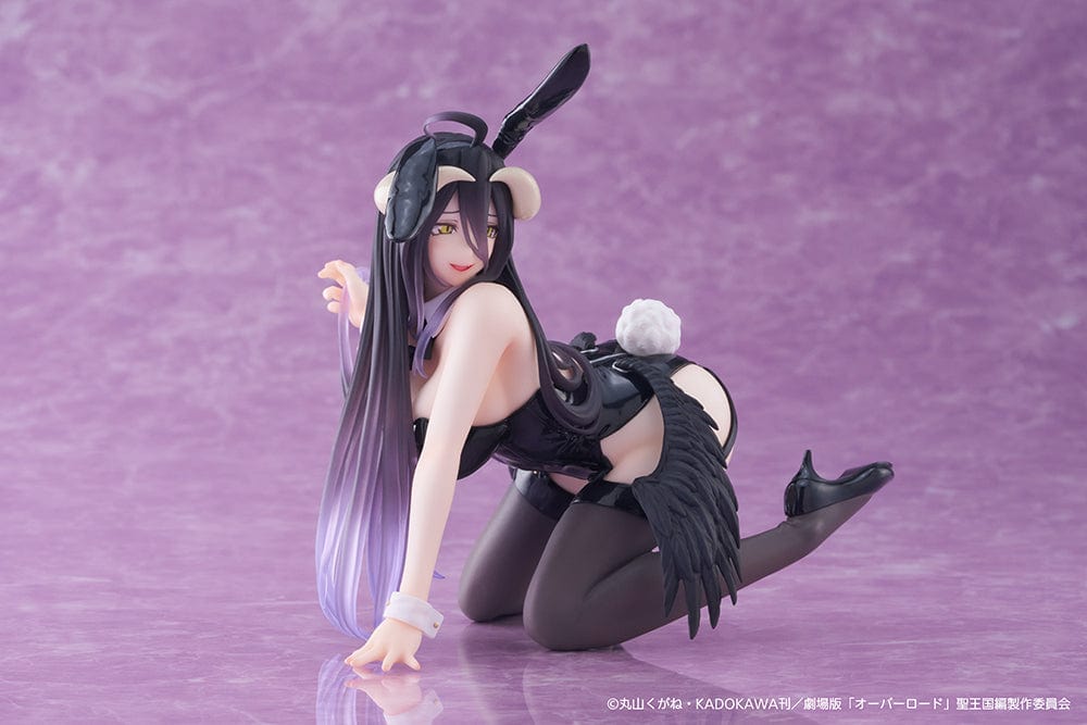 "Overlord" character Albedo transformed into a desktop figure, Bunny Version, showcasing her in a mischievous pose with striking black bunny attire, complete with long ears and a pompom tail, encapsulating her charm and allure amidst her usual stoic persona.