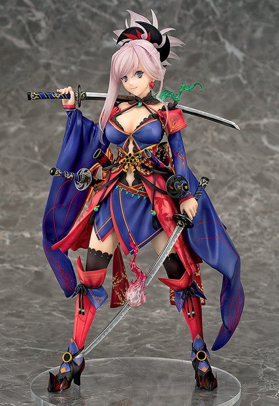 Fate/Grand Order Saber/Miyamoto Musashi 1/7 Scale Figure featuring vibrant kimono-inspired attire, dual katanas, and intricate detailing.