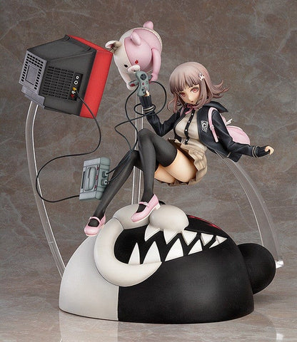 Danganronpa Chiaki Nanami 1/8 Scale Figure (2nd Reissue) featuring Chiaki sitting on a large Monokuma head with gaming elements like a CRT TV, console controller, and her pink Usami plush.