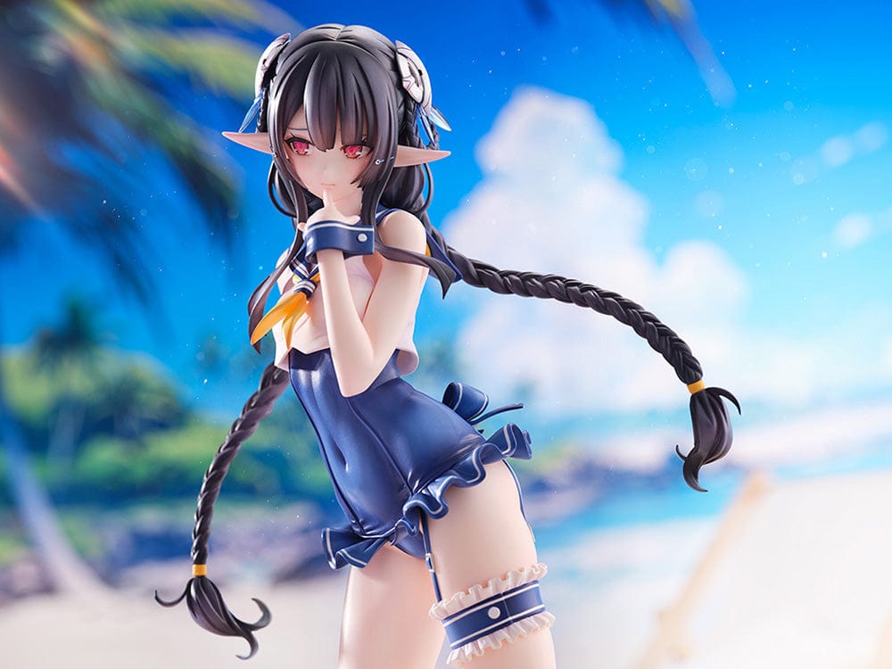 Phantasy Star Online 2 es Blue Sea Annette (Summer Vacation) 1/7 Scale Figure, striking a playful pose in a blue sailor swimsuit with matching cap, her dark braided hair accented with maritime ornaments, evoking a sense of summer joy.