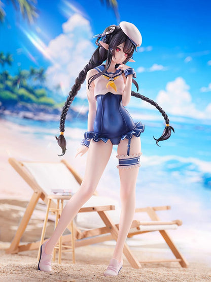 Phantasy Star Online 2 es Blue Sea Annette (Summer Vacation) 1/7 Scale Figure, striking a playful pose in a blue sailor swimsuit with matching cap, her dark braided hair accented with maritime ornaments, evoking a sense of summer joy.