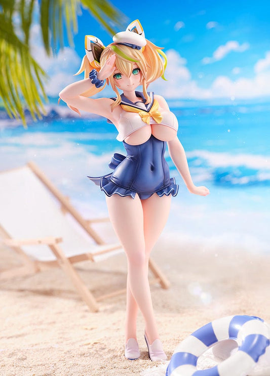 Phantasy Star Online 2 es Cool Breeze Gene (Summer Vacation) 1/7 Scale Figure, posed with a jaunty salute, wearing a blue swimsuit with white trim, and a captain's hat, radiating the joy and relaxation of summer.