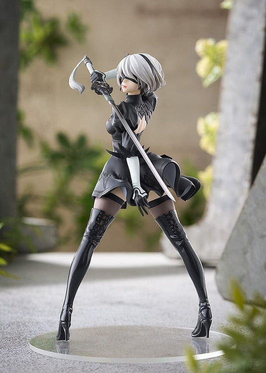 NieR: Automata Pop Up Parade 2B (YoRHa No.2 Type B) figure in a dynamic pose, dressed in a sleek black outfit with a sword.
