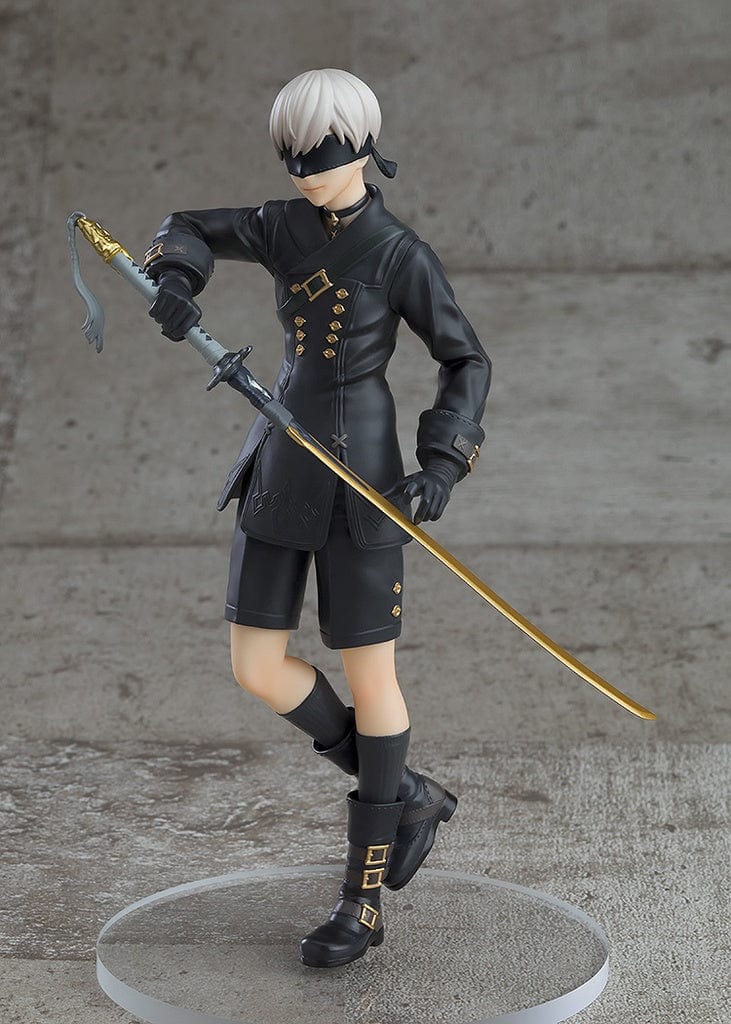 NieR: Automata Pop Up Parade 9S (YoRHa No.9 Type S) figure in a dynamic pose, dressed in a sleek black outfit and holding his signature weapon.