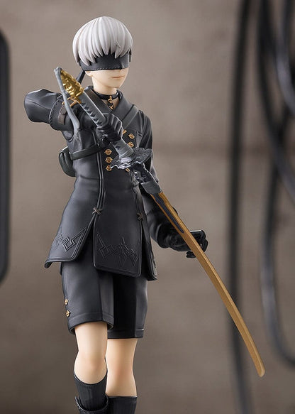 NieR: Automata Pop Up Parade 9S (YoRHa No.9 Type S) figure in a dynamic pose, dressed in a sleek black outfit and holding his signature weapon.