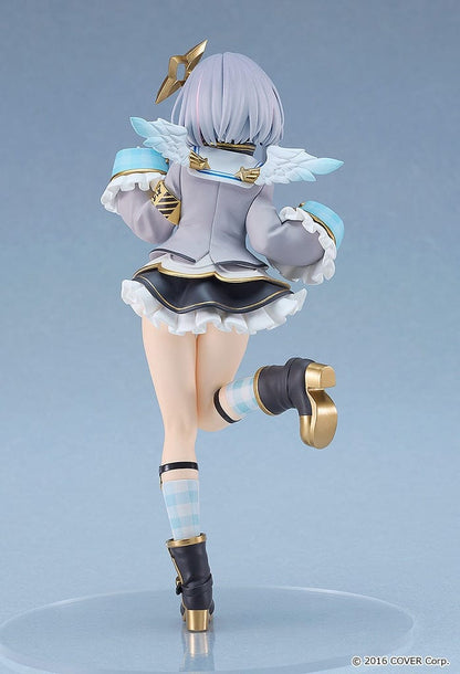 Hololive production Amane Kanata POP UP PARADE figure, featuring the character in a blue and white idol costume with silver-blue hair and outstretched arms, showcasing her joyful expression.