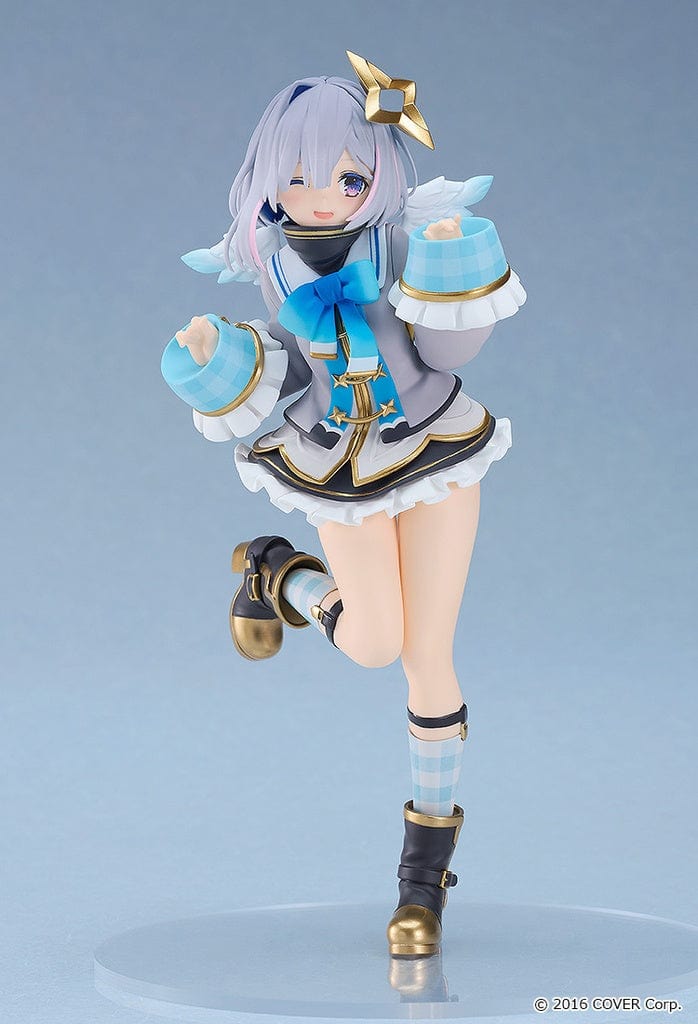 Hololive production Amane Kanata POP UP PARADE figure, featuring the character in a blue and white idol costume with silver-blue hair and outstretched arms, showcasing her joyful expression.