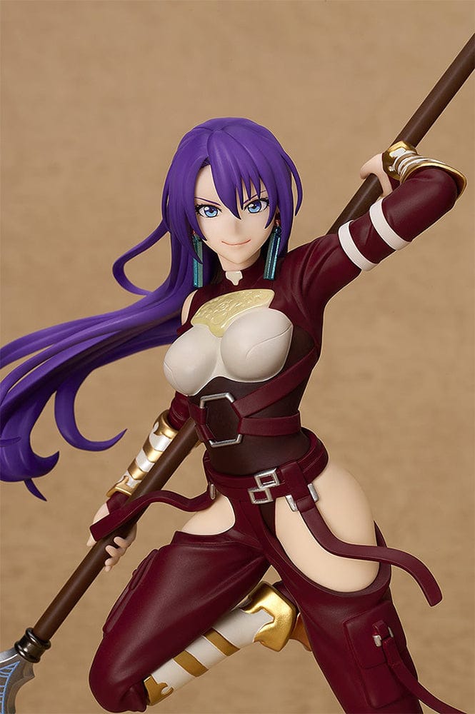 Shangri-La Frontier Pop Up Parade Arthur Pencilgon Figure in a dynamic pose wielding a spear, with crimson and gold outfit and flowing purple hair.