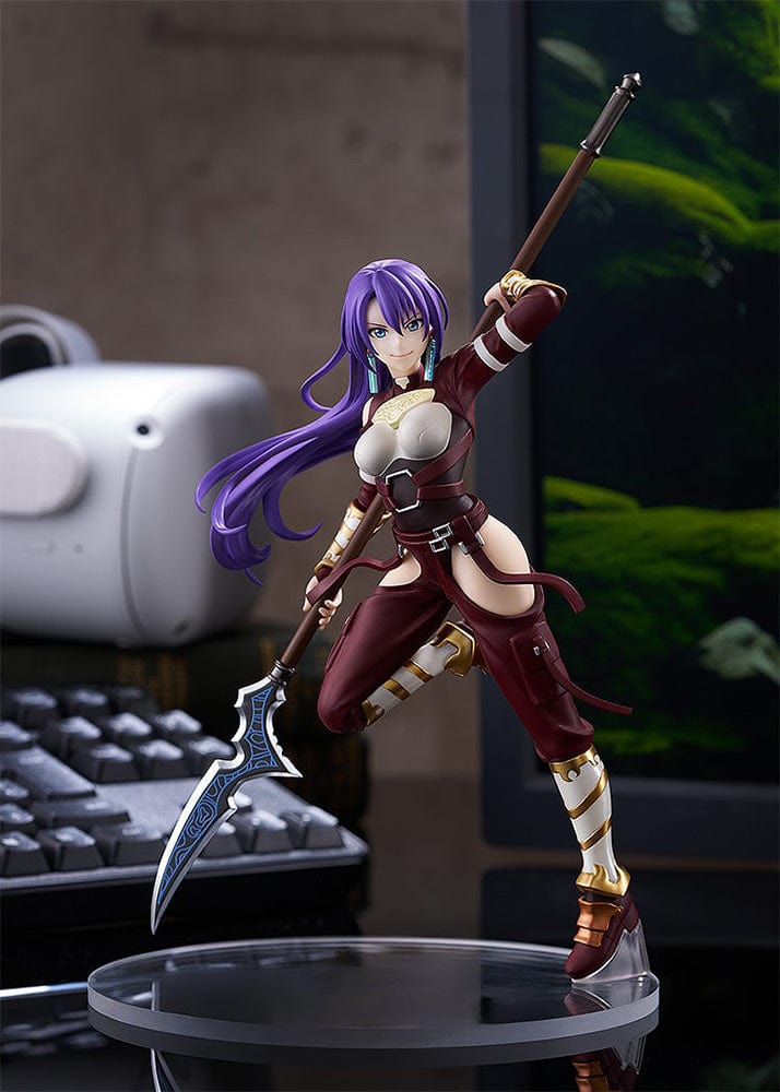 Shangri-La Frontier Pop Up Parade Arthur Pencilgon Figure in a dynamic pose wielding a spear, with crimson and gold outfit and flowing purple hair.