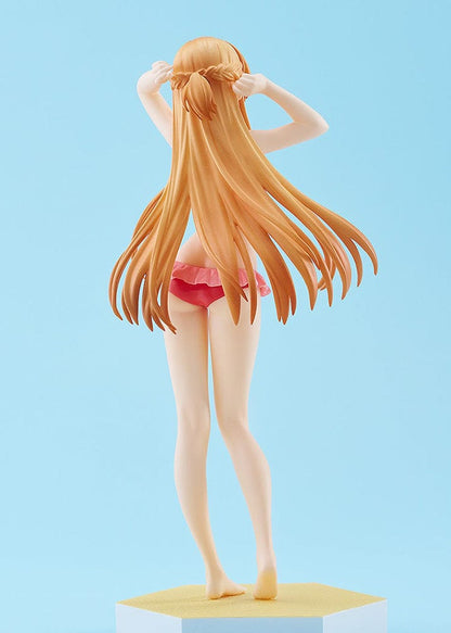 Sword Art Online Progressive: Scherzo of Deep Night Pop Up Parade Beach Queens Asuna Figure featuring Asuna in a pink ruffled bikini with flowing hair on a sandy base.