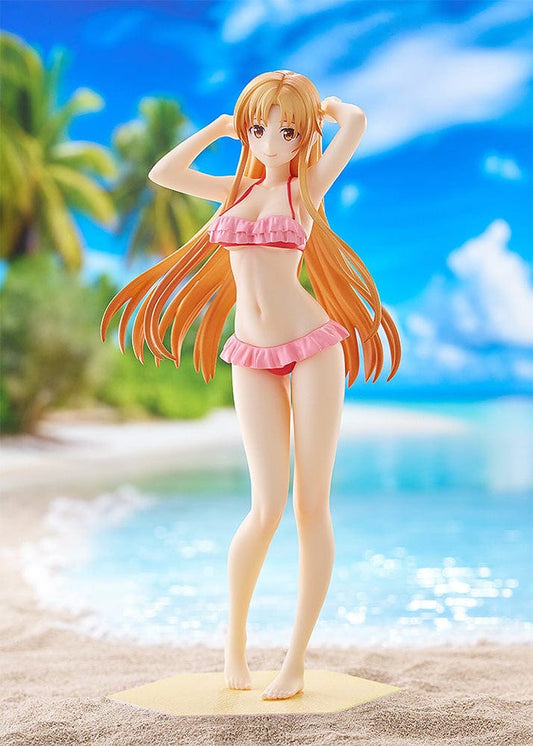 Sword Art Online Progressive: Scherzo of Deep Night Pop Up Parade Beach Queens Asuna Figure featuring Asuna in a pink ruffled bikini with flowing hair on a sandy base.