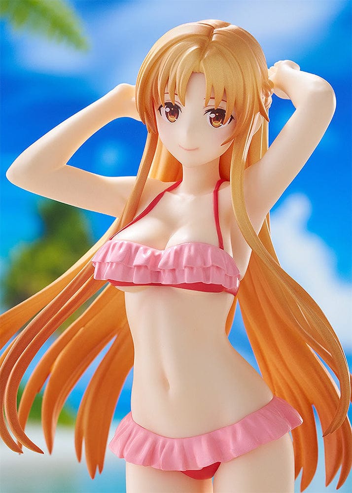 Sword Art Online Progressive: Scherzo of Deep Night Pop Up Parade Beach Queens Asuna Figure featuring Asuna in a pink ruffled bikini with flowing hair on a sandy base.