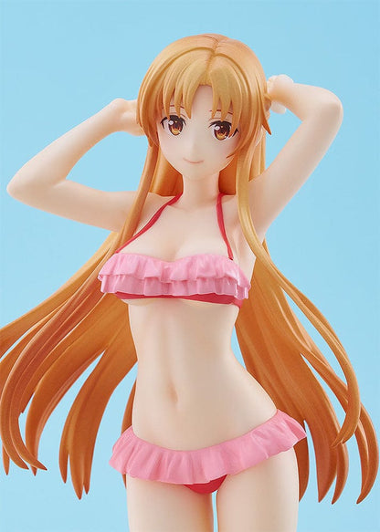 Sword Art Online Progressive: Scherzo of Deep Night Pop Up Parade Beach Queens Asuna Figure featuring Asuna in a pink ruffled bikini with flowing hair on a sandy base.