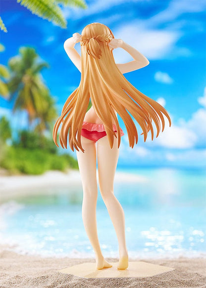 Sword Art Online Progressive: Scherzo of Deep Night Pop Up Parade Beach Queens Asuna Figure featuring Asuna in a pink ruffled bikini with flowing hair on a sandy base.