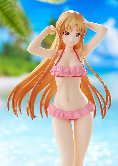 Sword Art Online Progressive: Scherzo of Deep Night Pop Up Parade Beach Queens Asuna Figure featuring Asuna in a pink ruffled bikini with flowing hair on a sandy base.