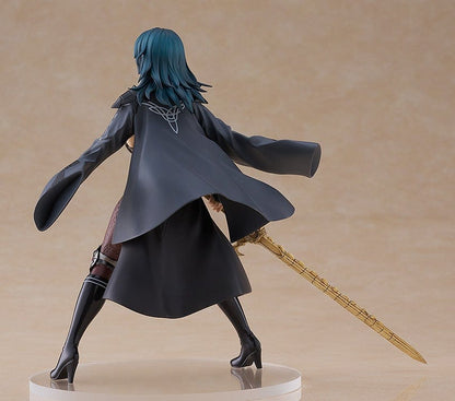 Fire Emblem: Three Houses Pop Up Parade Byleth (Female) figure in a battle-ready pose with the Sword of the Creator, wearing her detailed costume and flowing cape.