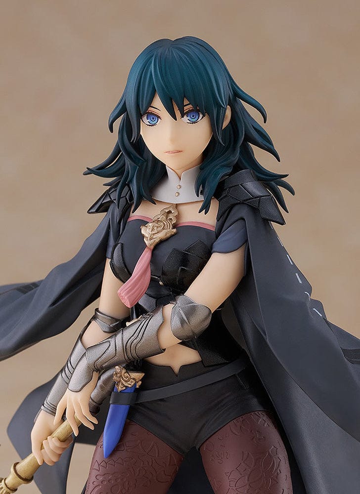 Fire Emblem: Three Houses Pop Up Parade Byleth (Female) figure in a battle-ready pose with the Sword of the Creator, wearing her detailed costume and flowing cape.