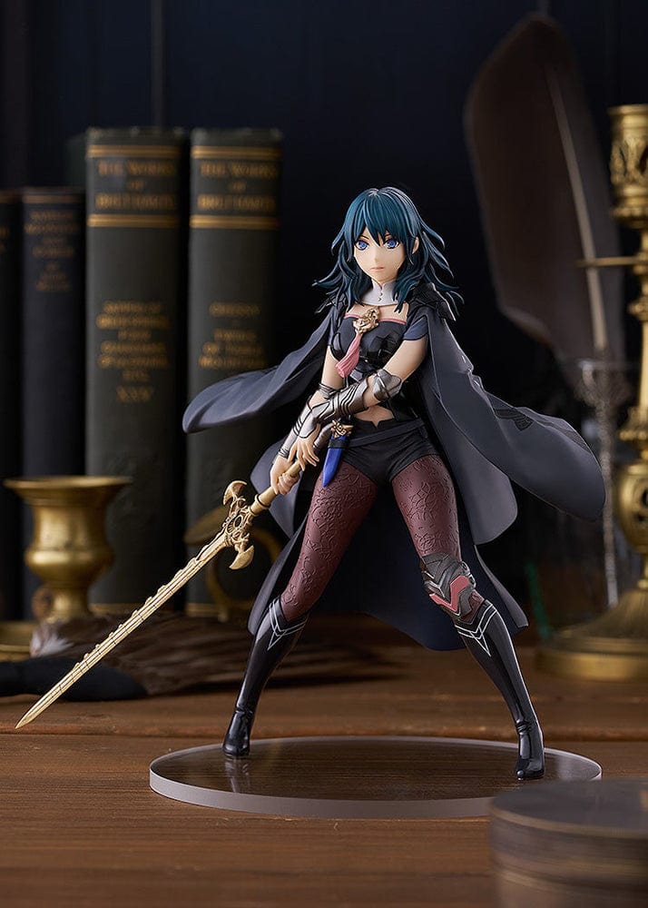 Fire Emblem: Three Houses Pop Up Parade Byleth (Female) figure in a battle-ready pose with the Sword of the Creator, wearing her detailed costume and flowing cape.