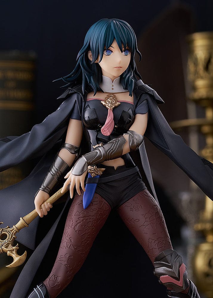 Fire Emblem: Three Houses Pop Up Parade Byleth (Female) figure in a battle-ready pose with the Sword of the Creator, wearing her detailed costume and flowing cape.