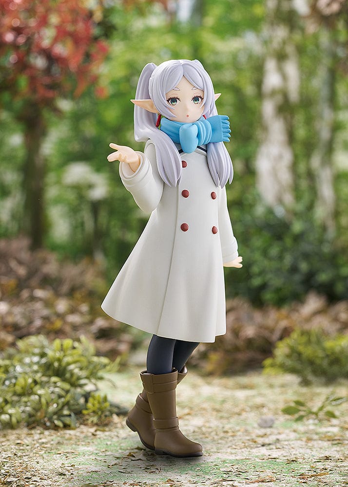 Frieren: Beyond Journey's End Pop Up Parade figure, Frieren (Blow Kiss Ver.), featuring her in a winter coat with a scarf, gracefully blowing a kiss, capturing her mystical and serene demeanor in exquisite detail.