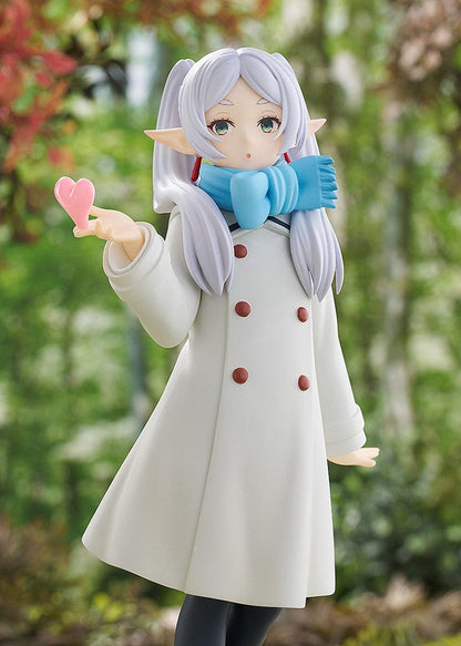 Frieren: Beyond Journey's End Pop Up Parade figure, Frieren (Blow Kiss Ver.), featuring her in a winter coat with a scarf, gracefully blowing a kiss, capturing her mystical and serene demeanor in exquisite detail.