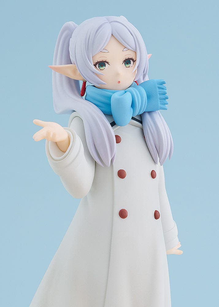 Frieren: Beyond Journey's End Pop Up Parade figure, Frieren (Blow Kiss Ver.), featuring her in a winter coat with a scarf, gracefully blowing a kiss, capturing her mystical and serene demeanor in exquisite detail.