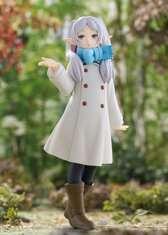 Frieren: Beyond Journey's End Pop Up Parade figure, Frieren (Blow Kiss Ver.), featuring her in a winter coat with a scarf, gracefully blowing a kiss, capturing her mystical and serene demeanor in exquisite detail.