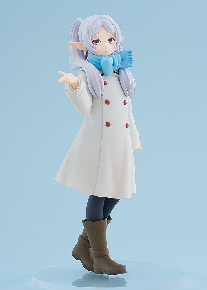 Frieren: Beyond Journey's End Pop Up Parade figure, Frieren (Blow Kiss Ver.), featuring her in a winter coat with a scarf, gracefully blowing a kiss, capturing her mystical and serene demeanor in exquisite detail.