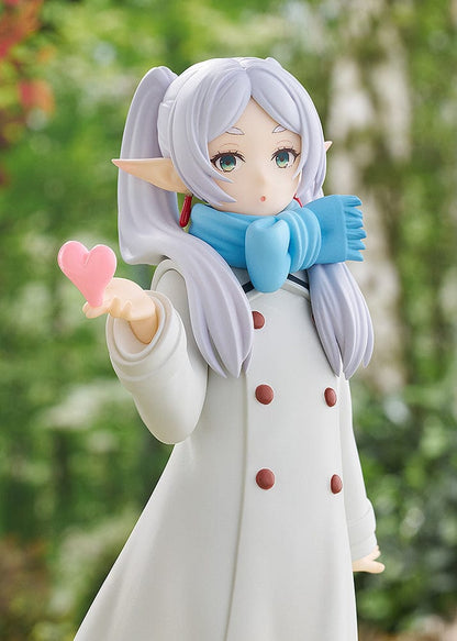 Frieren: Beyond Journey's End Pop Up Parade figure, Frieren (Blow Kiss Ver.), featuring her in a winter coat with a scarf, gracefully blowing a kiss, capturing her mystical and serene demeanor in exquisite detail.