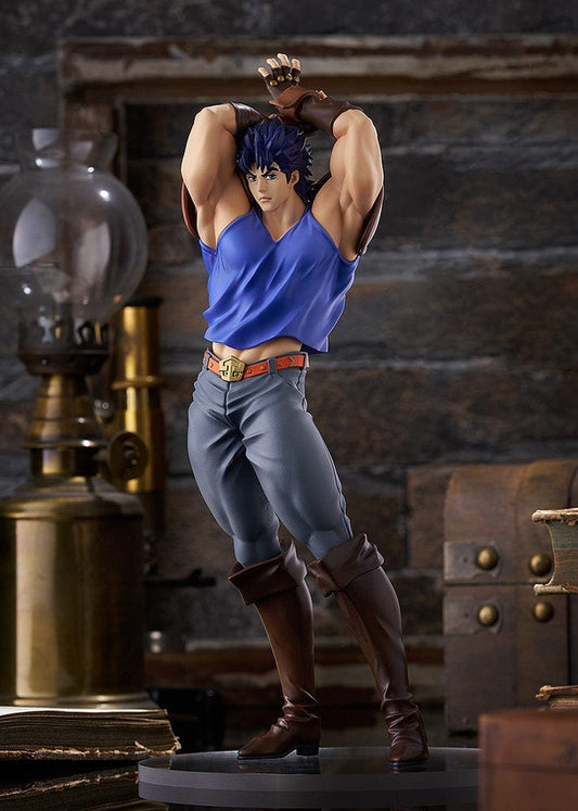 JoJo's Bizarre Adventure: Phantom Blood Pop Up Parade Jonathan Joestar figurine, poised confidently with hands behind his head, displaying his muscular physique, dressed in a blue tank top, gray trousers, and brown boots.