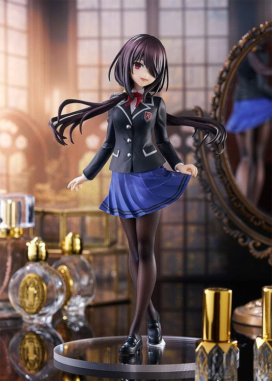Date A Live Pop Up Parade Kurumi Tokisaki (School Uniform Ver.) figure, presenting the character in a lively stance with her hair in motion, donning her stylish school uniform with signature red eyes, embodying her mysterious and captivating character.