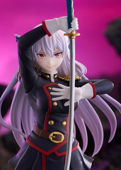 Chained Soldier Kyoka Uzen POP UP PARADE figure in a dynamic pose, holding a sword, with detailed military-style uniform and flowing silver hair.