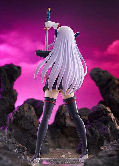 Chained Soldier Kyoka Uzen POP UP PARADE figure in a dynamic pose, holding a sword, with detailed military-style uniform and flowing silver hair.