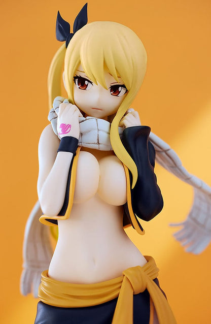 Fairy Tail Pop Up Parade Lucy Heartfilia (Natsu Costume Ver.) figure, featuring Lucy in a bold pose wearing Natsu's iconic outfit, with detailed hair and expressive features