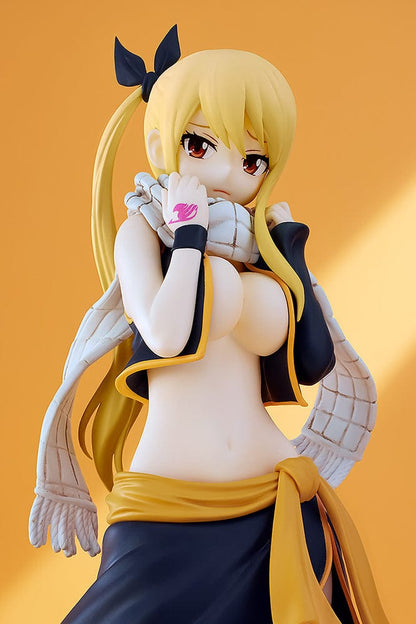 Fairy Tail Pop Up Parade Lucy Heartfilia (Natsu Costume Ver.) figure, featuring Lucy in a bold pose wearing Natsu's iconic outfit, with detailed hair and expressive features