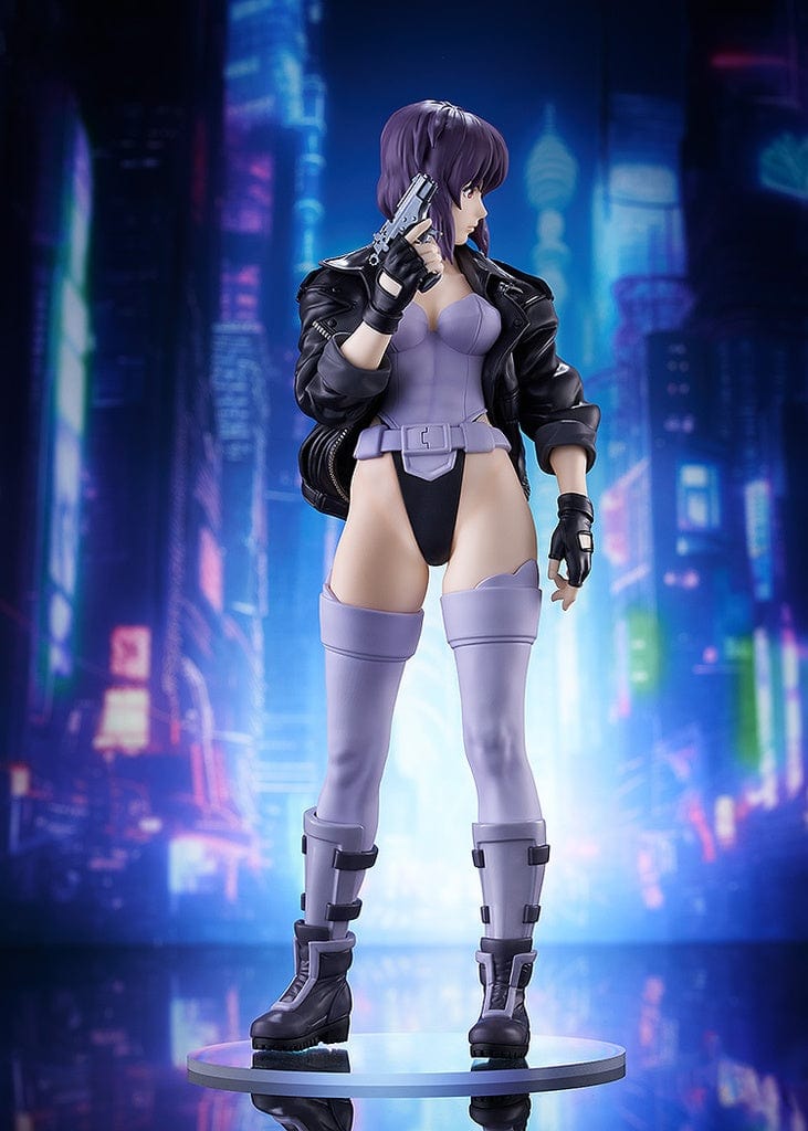 Ghost in the Shell: S.A.C. Pop Up Parade L Motoko Kusanagi figure in a dynamic pose, with purple hair, tactical gear, and a confident stance.