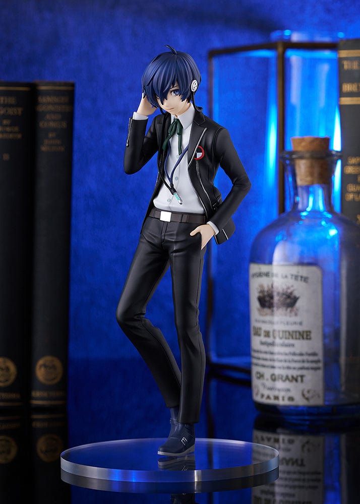 Persona 3 Reload Pop Up Parade Protagonist Figure, featuring the main character in a black suit with headphones and a thoughtful pose.