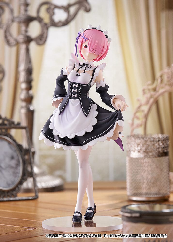 Rezero Starting Life in Another World Pop Up Parade L Ram figure in black and white maid outfit, featuring pink hair and standing at approximately 9 inches tall.