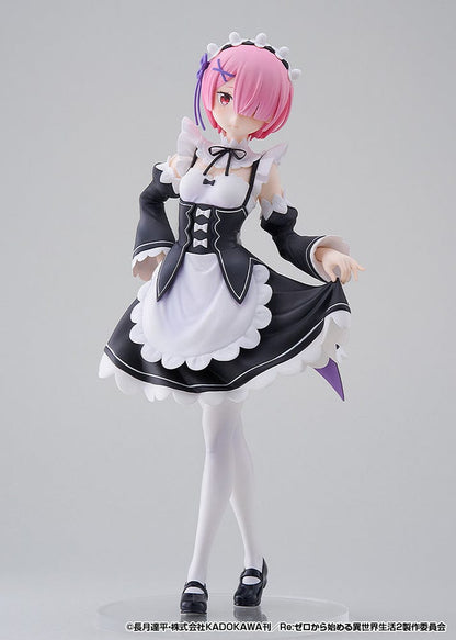 Rezero Starting Life in Another World Pop Up Parade L Ram figure in black and white maid outfit, featuring pink hair and standing at approximately 9 inches tall.