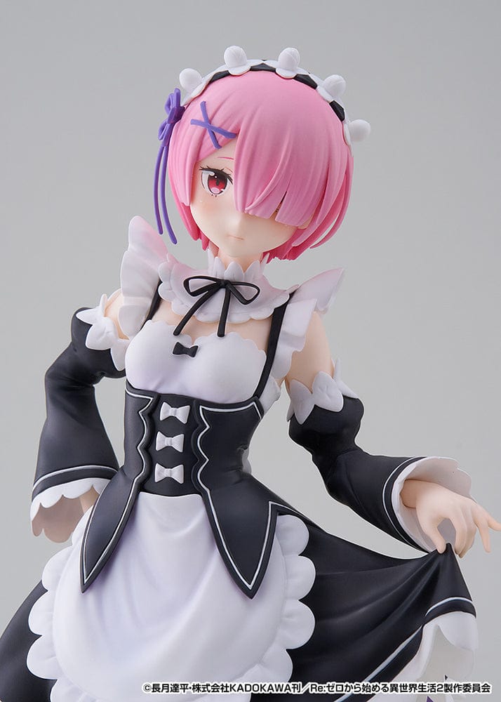 Rezero Starting Life in Another World Pop Up Parade L Ram figure in black and white maid outfit, featuring pink hair and standing at approximately 9 inches tall.