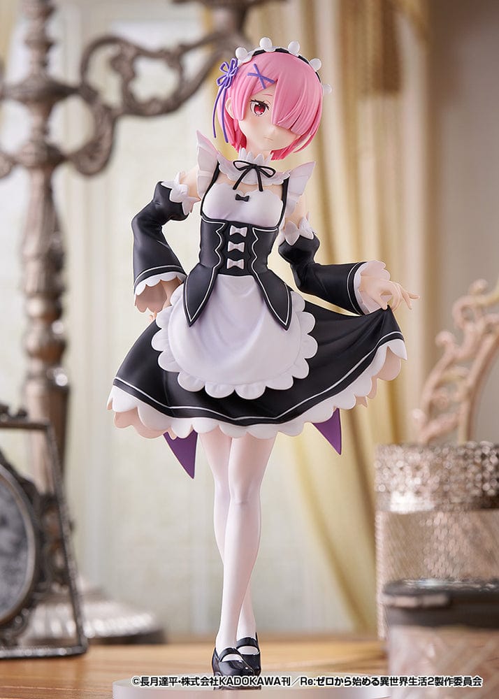 Rezero Starting Life in Another World Pop Up Parade L Ram figure in black and white maid outfit, featuring pink hair and standing at approximately 9 inches tall.