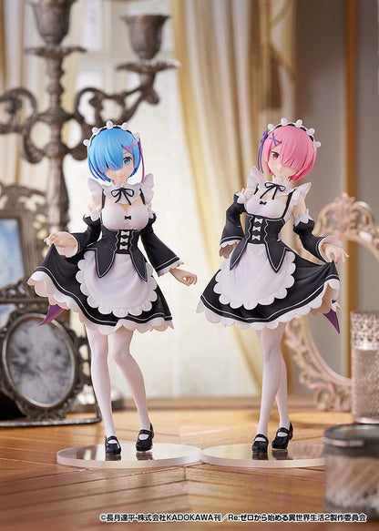 Rezero Starting Life in Another World Pop Up Parade L Ram figure in black and white maid outfit, featuring pink hair and standing at approximately 9 inches tall.