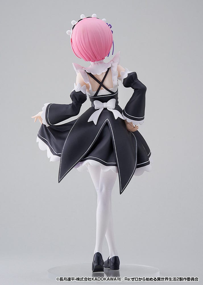 Rezero Starting Life in Another World Pop Up Parade L Ram figure in black and white maid outfit, featuring pink hair and standing at approximately 9 inches tall.