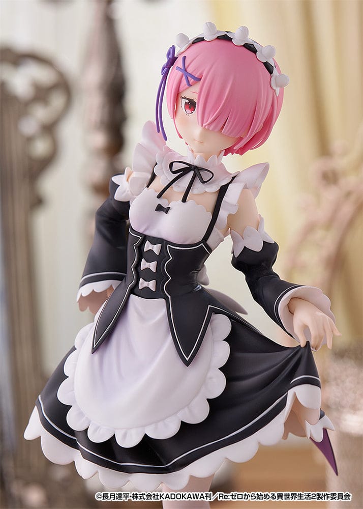 Rezero Starting Life in Another World Pop Up Parade L Ram figure in black and white maid outfit, featuring pink hair and standing at approximately 9 inches tall.