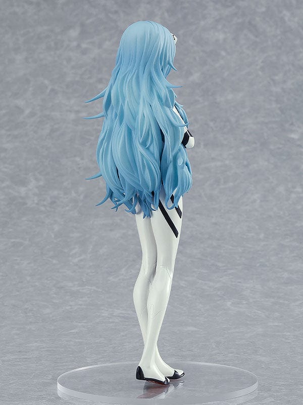 Rebuild of Evangelion Pop Up Parade Rei Ayanami (Long Hair Ver.) 3rd re-run figure in a white plugsuit, standing gracefully with flowing blue hair.